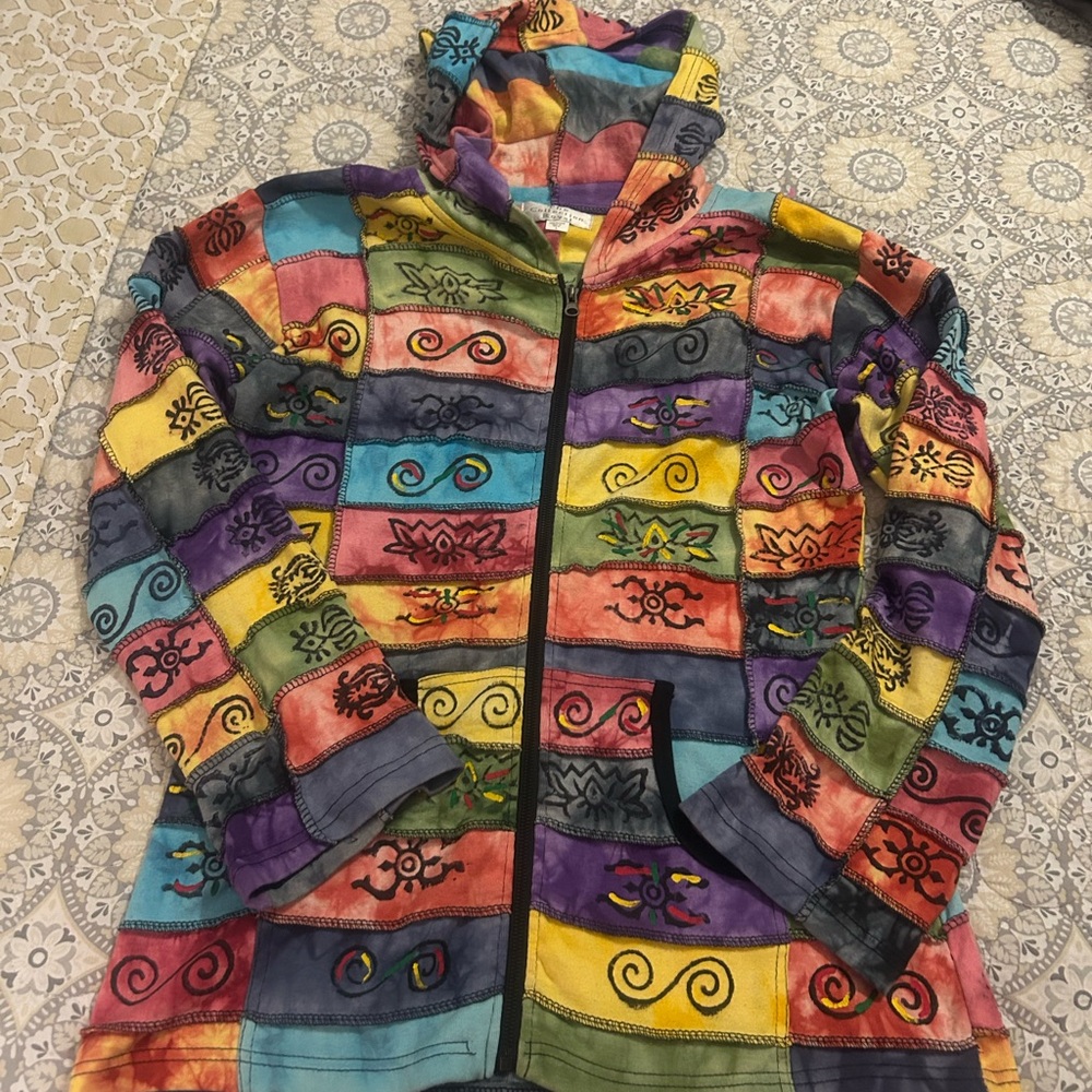 Multicolor Patchwork Boho Hippie Jacket, Hooded C… - image 2